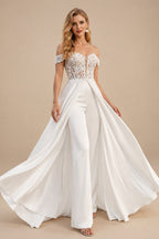 Rutipo Ivory Jumpsuit/Pantsuit Off-The-Shoulder Sleeveless Court Train Tulle/Crepe Satin Wedding Dresses With Appliques Lace