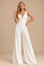 Rutipo Ivory A-Line/Jumpsuit/Pantsuit Plunge Neck Sleeveless Detachable/Royal Tulle/Italian Satin Wedding Dresses With Appliques Lace