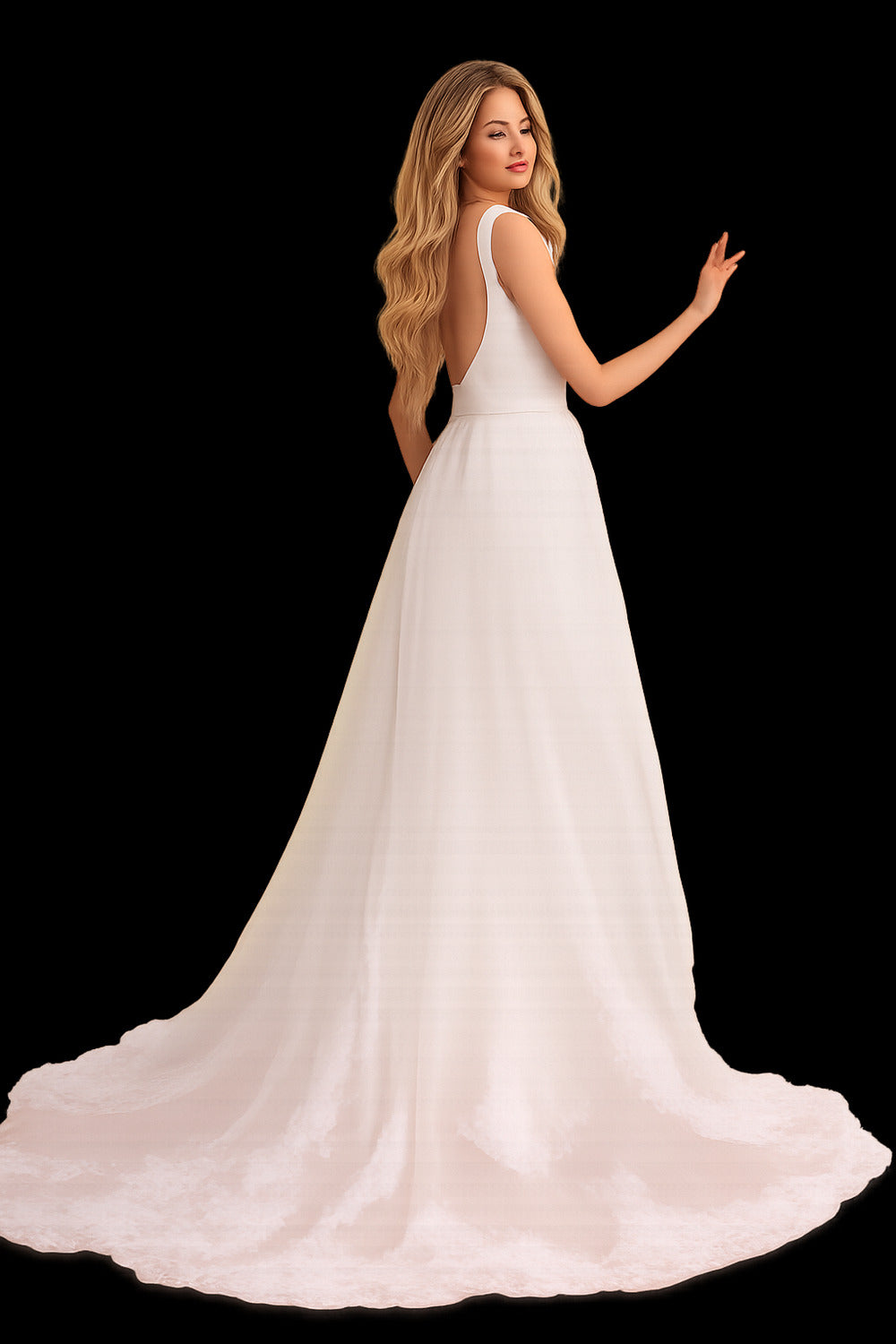 Rutipo Ivory A-Line/Jumpsuit/Pantsuit Plunge Neck Sleeveless Detachable/Royal Tulle/Italian Satin Wedding Dresses With Appliques Lace