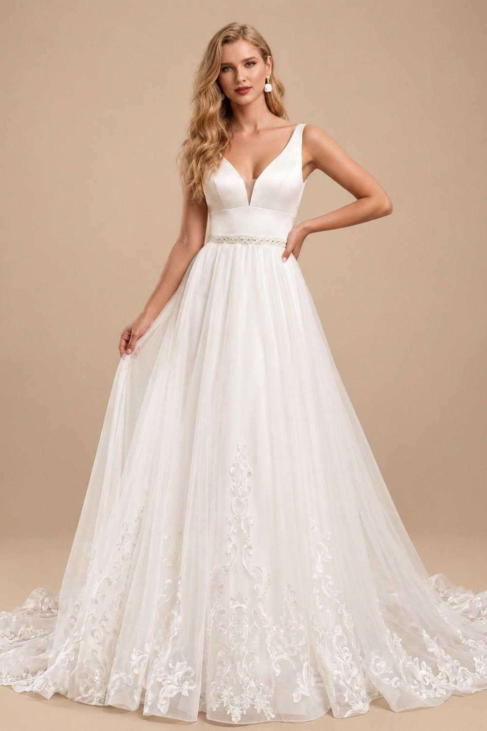 Rutipo Ivory A-Line/Jumpsuit/Pantsuit Plunge Neck Sleeveless Detachable/Royal Tulle/Italian Satin Wedding Dresses With Appliques Lace