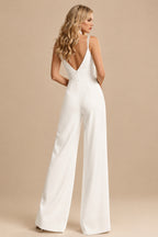 Rutipo Ivory A-Line/Jumpsuit/Pantsuit Plunge Neck Sleeveless Detachable/Royal Tulle/Italian Satin Wedding Dresses With Appliques Lace