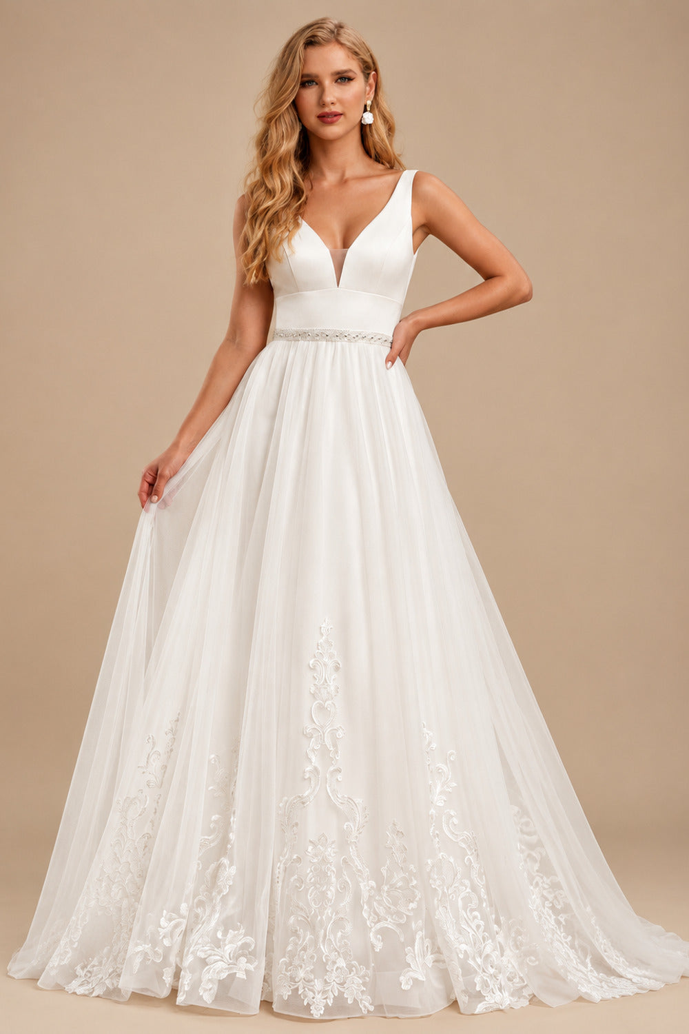 Rutipo Ivory A-Line/Jumpsuit/Pantsuit Plunge Neck Sleeveless Detachable/Royal Tulle/Italian Satin Wedding Dresses With Appliques Lace