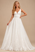 Rutipo Ivory A-Line/Jumpsuit/Pantsuit Plunge Neck Sleeveless Detachable/Royal Tulle/Italian Satin Wedding Dresses With Appliques Lace
