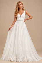 Rutipo Ivory A-Line/Jumpsuit/Pantsuit Plunge Neck Sleeveless Detachable/Royal Tulle/Italian Satin Wedding Dresses With Appliques Lace