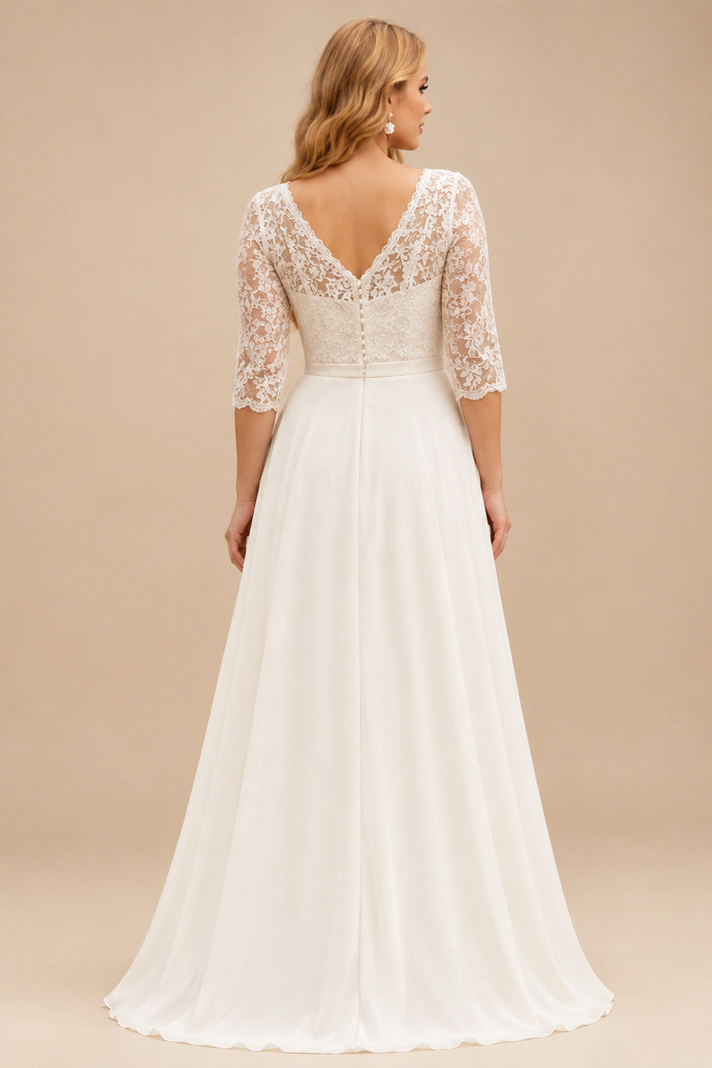 Rutipo Ivory A-Line V-Neck 3/4 Sleeves Sweep Train Chiffon/Lace/Tulle Wedding Dresses
