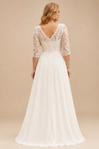Rutipo Ivory A-Line V-Neck 3/4 Sleeves Sweep Train Chiffon/Lace/Tulle Wedding Dresses