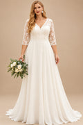 Rutipo Ivory A-Line V-Neck 3/4 Sleeves Sweep Train Chiffon/Lace/Tulle Wedding Dresses
