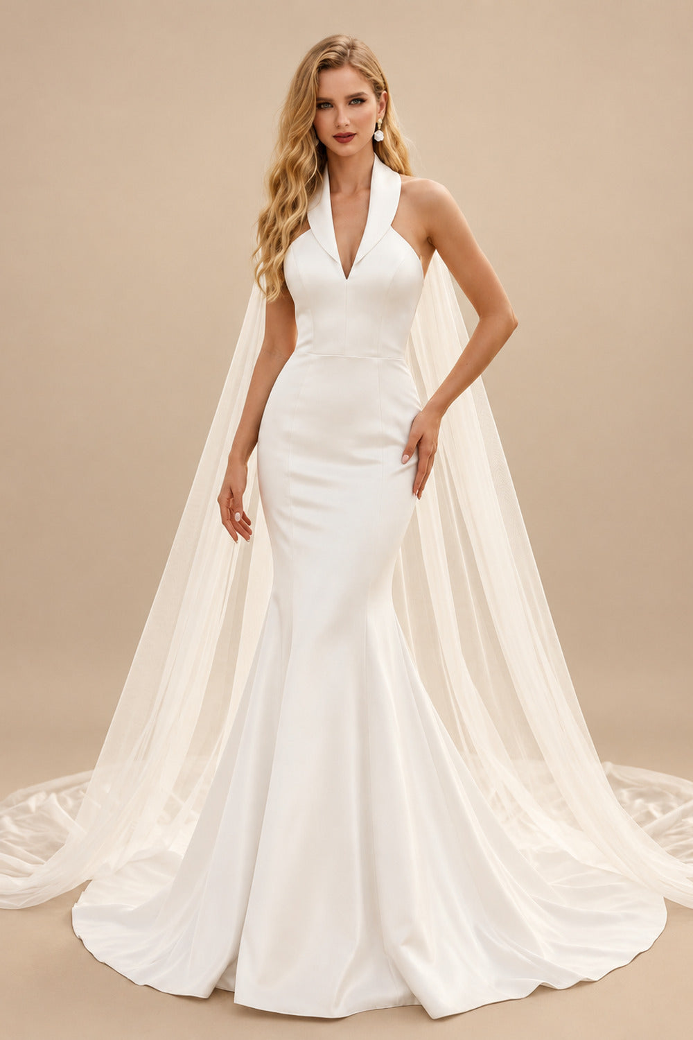 Rutipo Ivory Trumpet/Mermaid Halter Sleeveless Court Train Matte Satin Wedding Dress