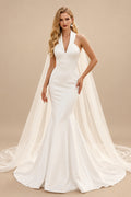Rutipo Ivory Trumpet/Mermaid Halter Sleeveless Court Train Matte Satin Wedding Dress