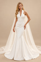 Rutipo Ivory Trumpet/Mermaid Halter Sleeveless Court Train Matte Satin Wedding Dress