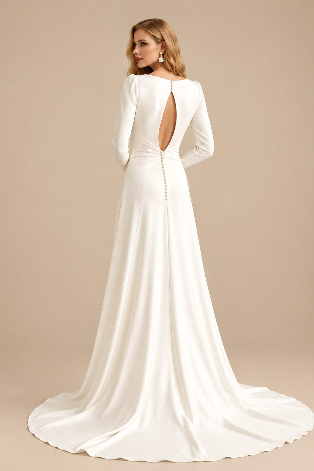 Rutipo Ivory Jumpsuit/Pantsuit Plunge Neck Long Sleeves Court Train Crepe Satin Wedding Dresses With Overskirt Dress