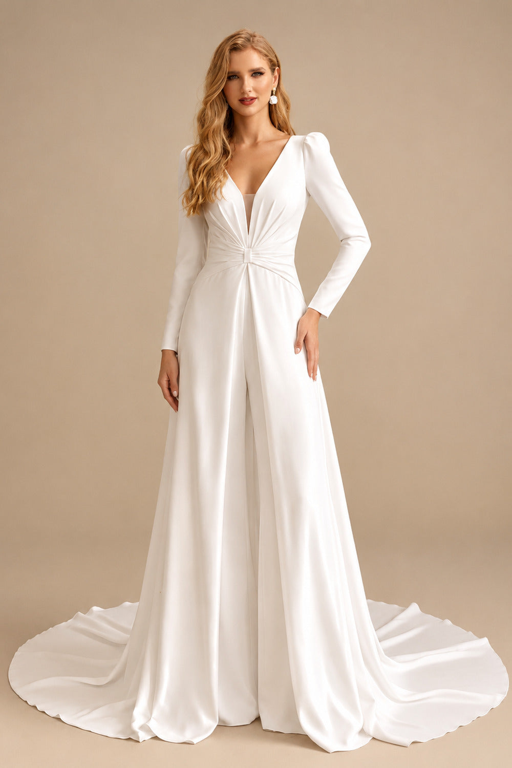 Rutipo Ivory Jumpsuit/Pantsuit Plunge Neck Long Sleeves Court Train Crepe Satin Wedding Dresses With Overskirt Dress