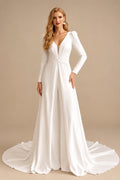 Rutipo Ivory Jumpsuit/Pantsuit Plunge Neck Long Sleeves Court Train Crepe Satin Wedding Dresses With Overskirt Dress