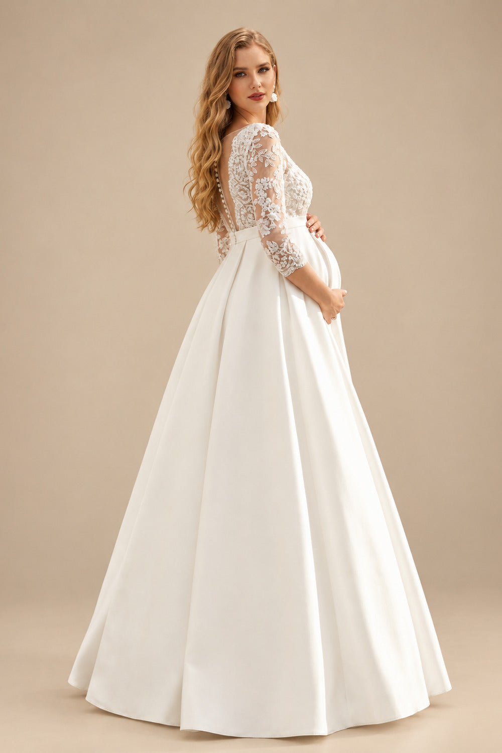 Rutipo Ivory A-Line V-Neck 3/4 Sleeves Floor-Length Satin/Tulle Maternity Wedding Dresses With Appliques Lace
