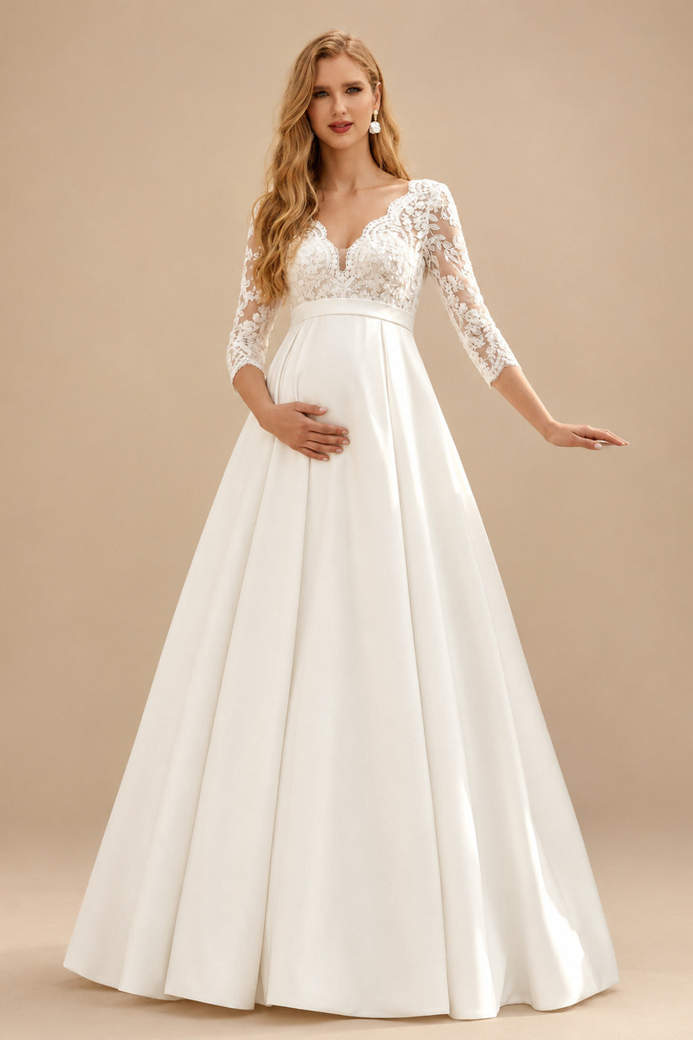 Rutipo Ivory A-Line V-Neck 3/4 Sleeves Floor-Length Satin/Tulle Maternity Wedding Dresses With Appliques Lace