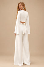 Rutipo Ivory Elegant Jumpsuit/Pantsuit V-Neck Long Sleeves Floor-Length Crepe Satin Wedding Dresses