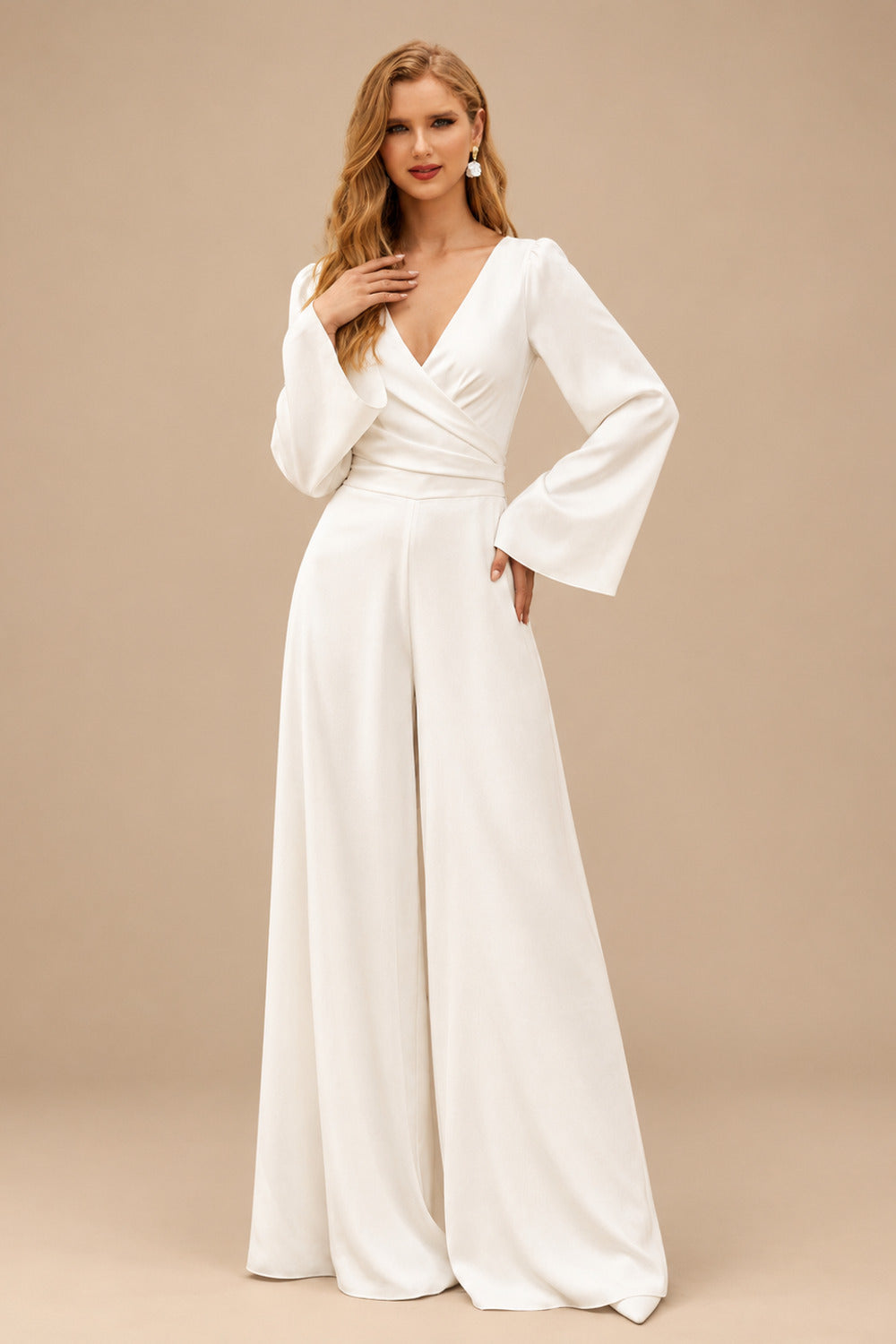 Rutipo Ivory Elegant Jumpsuit/Pantsuit V-Neck Long Sleeves Floor-Length Crepe Satin Wedding Dresses