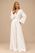 Rutipo Ivory Elegant Jumpsuit/Pantsuit V-Neck Long Sleeves Floor-Length Crepe Satin Wedding Dresses