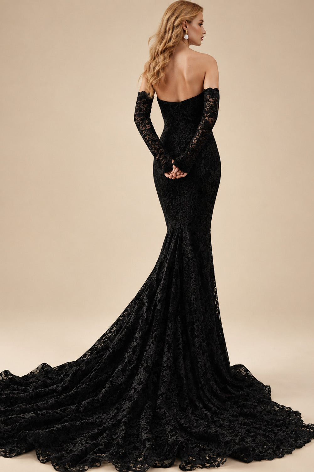 Rutipo Black Trumpet/Mermaid Sweetheart Long Sleeves Court Train Lace/Tulle Wedding Dress