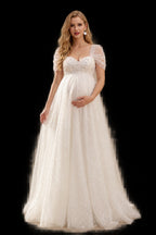 Rutipo Ivory Sparkle&Shine A-Line Sweetheart Sleeveless Floor-Length Satin/Tulle Maternity Wedding Dresses