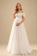 Rutipo Ivory Sparkle&Shine A-Line Sweetheart Sleeveless Floor-Length Satin/Tulle Maternity Wedding Dresses