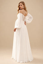 Rutipo Ivory A-Line Off-The-Shoulder Long Sleeves Floor-Length Chiffon Maternity Wedding Dresses With Lace/High Split
