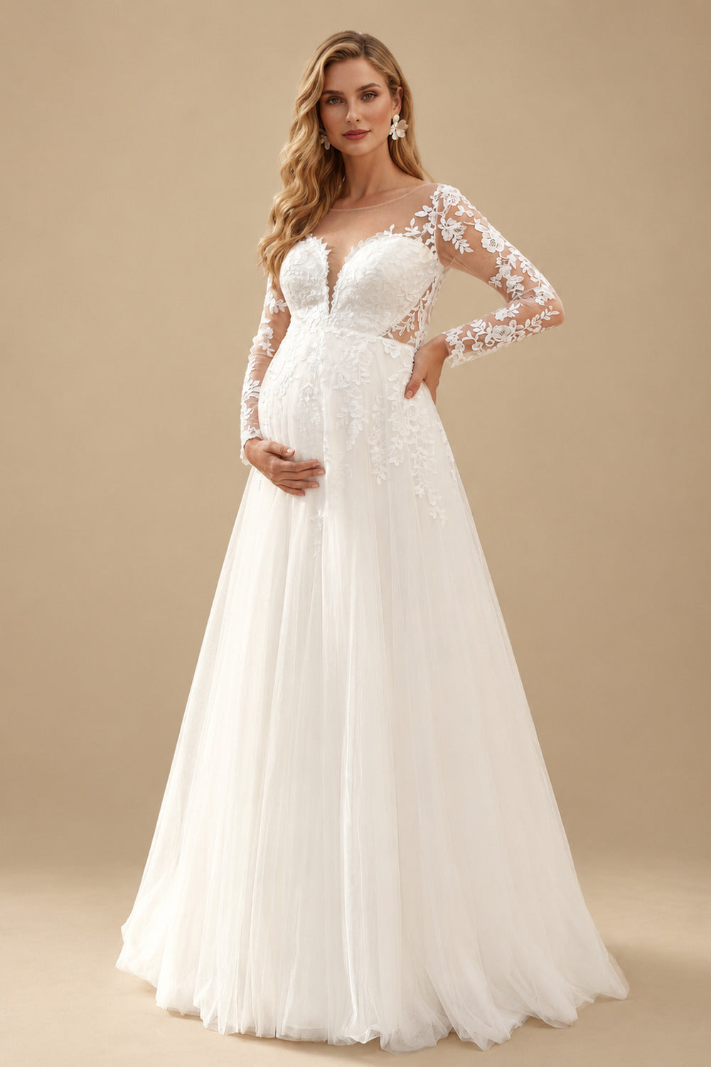 Rutipo Ivory A-Line Scoop Neck Long Sleeves Floor-Length Satin/Tulle Maternity Wedding Dresses With Appliques Lace