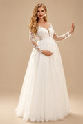 Rutipo Ivory A-Line Scoop Neck Long Sleeves Floor-Length Satin/Tulle Maternity Wedding Dresses With Appliques Lace