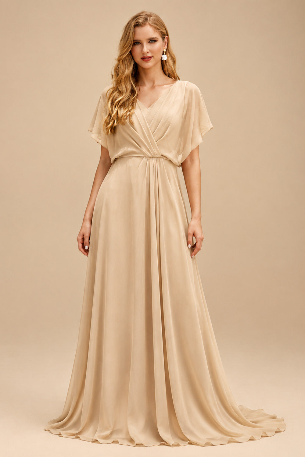 Rutipo Champagne Trumpet/Mermaid V-Neck Sleeveless Sweep Train Matte Satin Wedding Dresses With Pleated