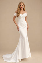 Rutipo Ivory Trumpet/Mermaid V-Neck Sleeveless Sweep Train Matte Satin Wedding Dresses With Pleated