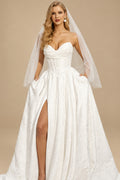 Rutipo Ivory A-Line Strapless Sleeveless Chapel Train Wedding Dress With Pleated/High Split