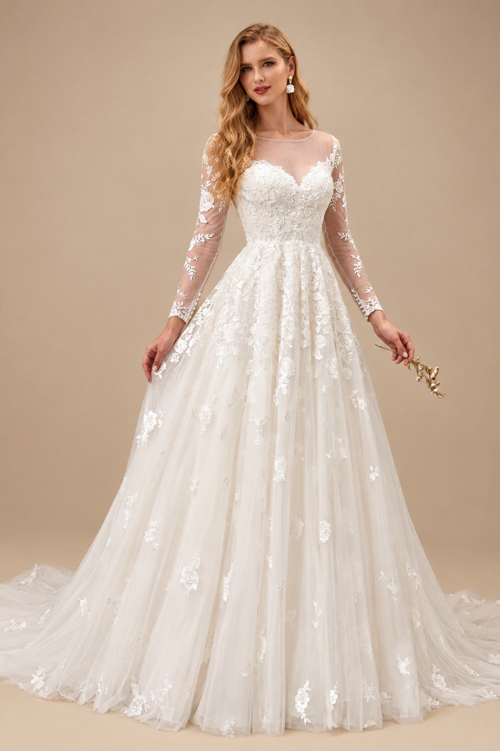 Rutipo As Picture Ball-Gown Illusion Neck Long Sleeves Sweep Train Lace/Tulle Wedding Dresses With Appliques Lace