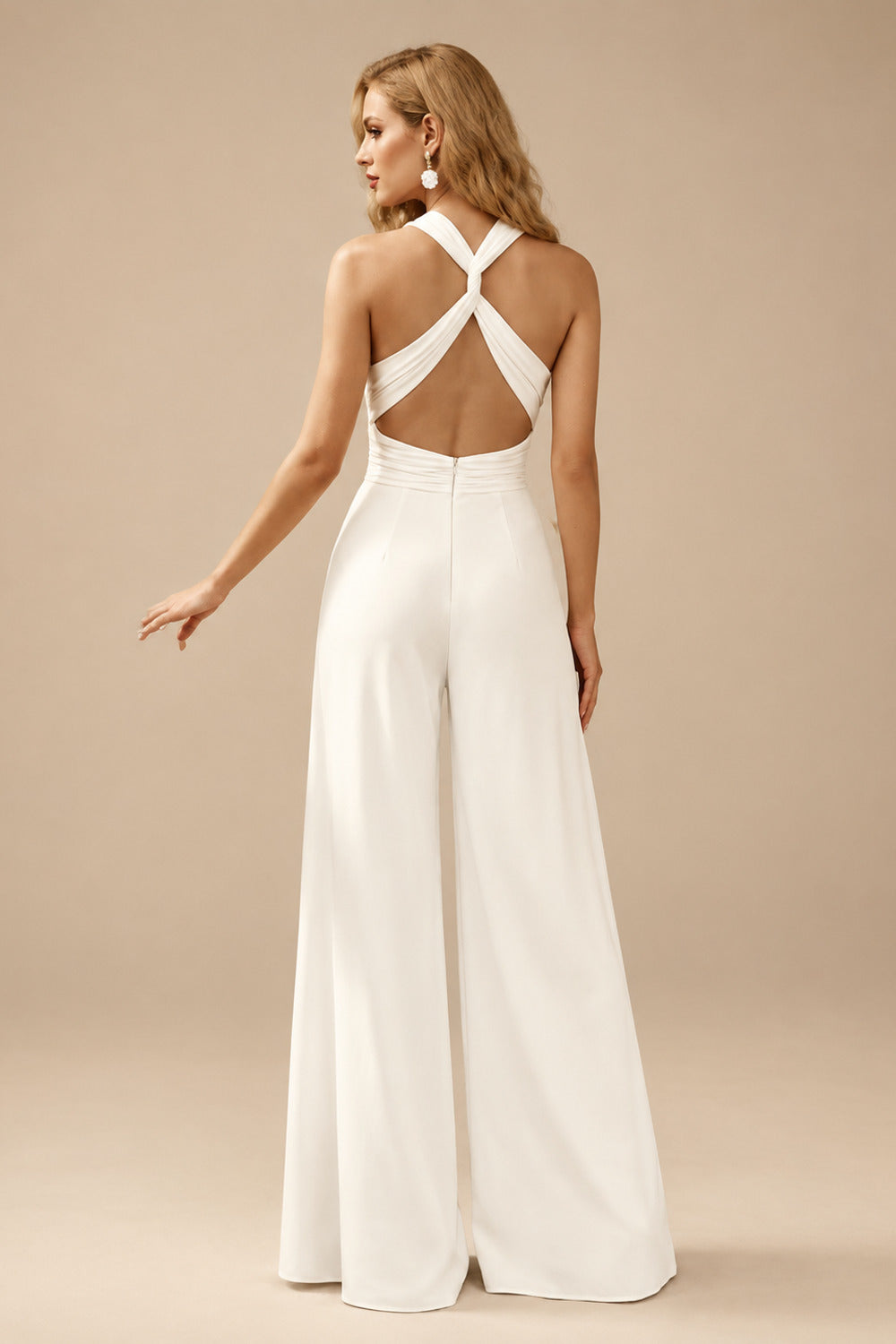 Rutipo Ivory Jumpsuit/Pantsuit Plunge Neck Sleeveless Floor-Length Crepe Satin Wedding Dresses