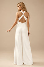 Rutipo Ivory Jumpsuit/Pantsuit Plunge Neck Sleeveless Floor-Length Crepe Satin Wedding Dresses