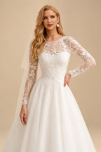 Rutipo Ivory Ball-Gown Scoop Neck Long Sleeves Sweep Train Lace/Satin Wedding Dresses With Appliques Lace