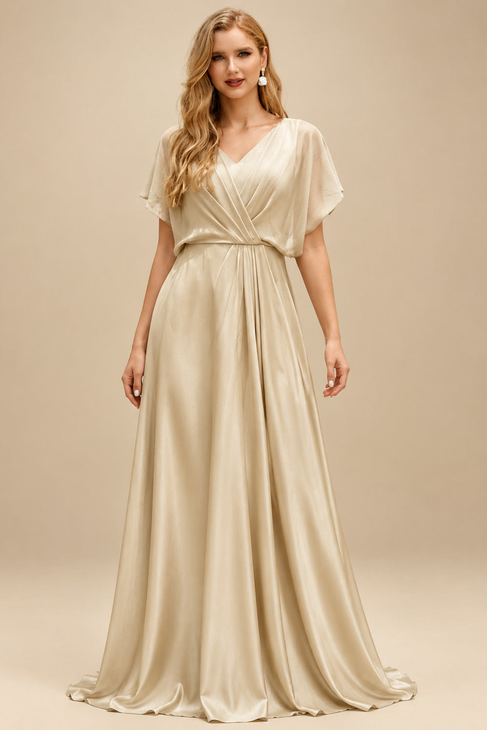 Rutipo Champagne A-Line Halter Sleeveless Short Satin Wedding Dresses With Bow