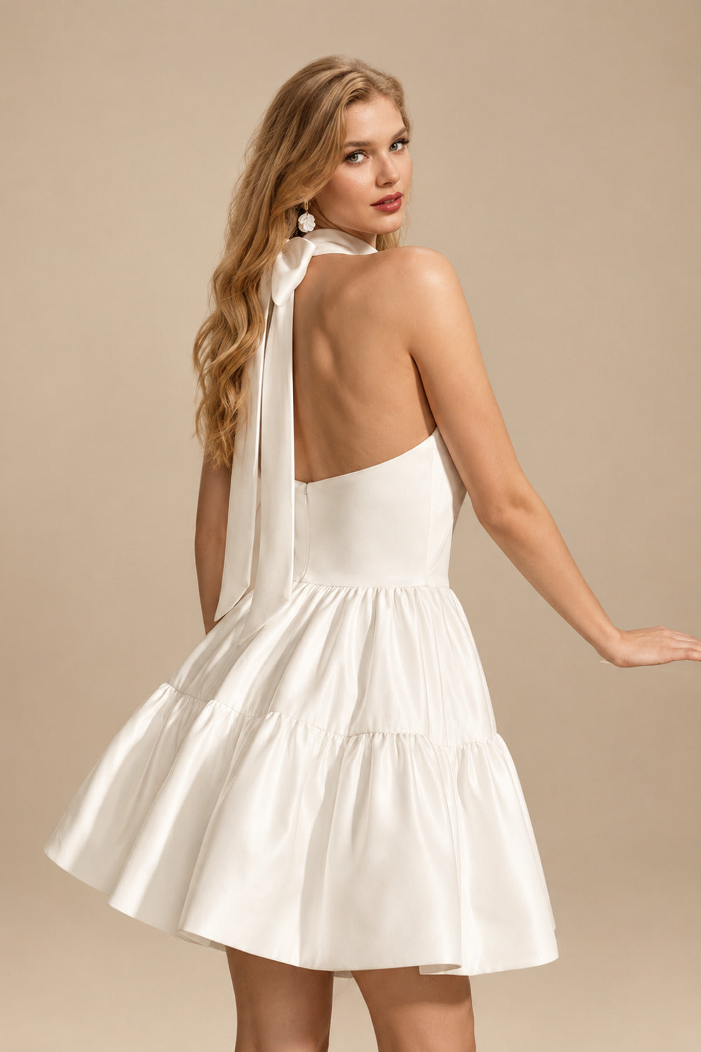 Rutipo Ivory A-Line Halter Sleeveless Short Satin Wedding Dresses With Bow