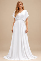 Rutipo White A-Line Halter Sleeveless Short Satin Wedding Dresses With Bow
