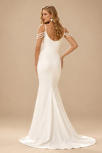 Rutipo Ivory Sheath/Column V-Neck Sleeveless Sweep Train Elastic Satin Wedding Party With Split Front/Beading