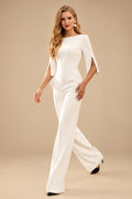 Rutipo Ivory Jumpsuit/Pantsuit Scoop Neck 3/4 Sleeves Floor-Length Elastic Satin Wedding Dresses With Beading
