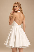 Rutipo Ivory A-Line Plunge Neck Sleeveless Short/Mini Elastic Satin Wedding Dresses