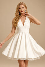 Rutipo Ivory A-Line Plunge Neck Sleeveless Short/Mini Elastic Satin Wedding Dresses
