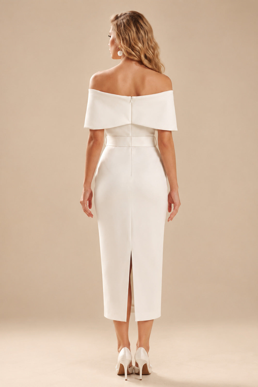 Rutipo Ivory Sheath/Column Off-The-Shoulder Sleeveless Ankle-Length Elastic Satin Wedding Dresses With Back Slit