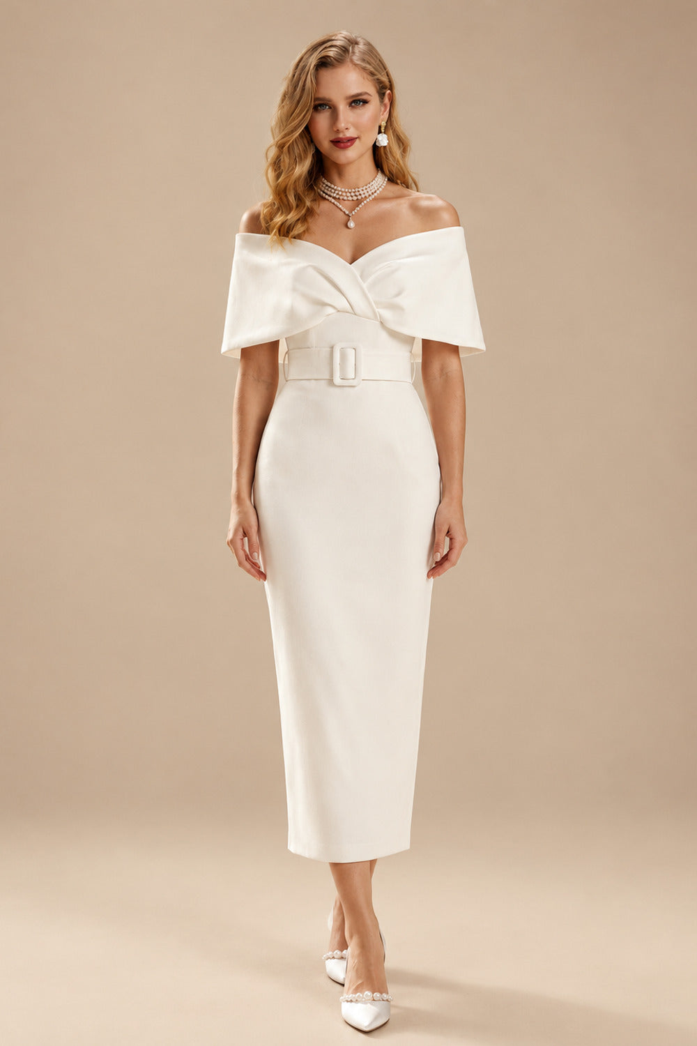 Rutipo Ivory Sheath/Column Off-The-Shoulder Sleeveless Ankle-Length Elastic Satin Wedding Dresses With Back Slit