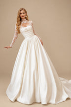 Rutipo Ivory A-Line/Ball-Gown Scoop Neck Long Sleeves Court Train Satin Wedding Dresses With Lace