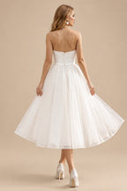 Rutipo Ivory A-Line Sweetheart Sleeveless Tea-Length Tulle/Matte Satin Wedding Dresses