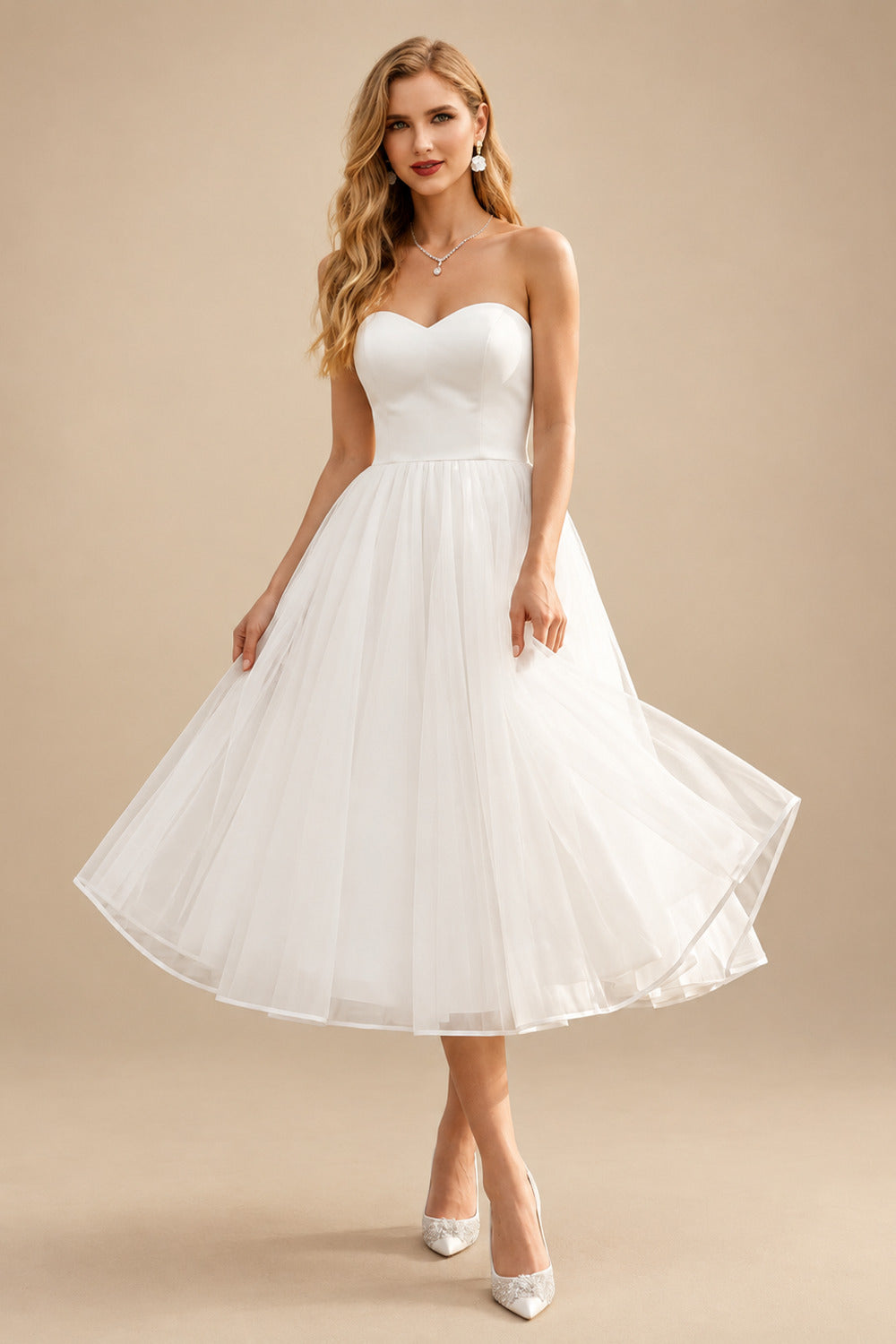 Rutipo Ivory A-Line Sweetheart Sleeveless Tea-Length Tulle/Matte Satin Wedding Dresses
