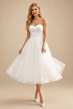 Rutipo Ivory A-Line Sweetheart Sleeveless Tea-Length Tulle/Matte Satin Wedding Dresses