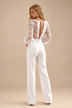 Rutipo White Jumpsuit/Pantsuit Scoop Neck Long Sleeves Floor-Length Elastic Satin Wedding Dresses With Lace