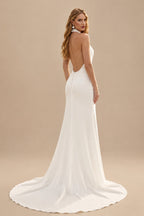 Rutipo Ivory A-Line Halter Sleeveless Chapel Train Elastic Satin Wedding Dresses